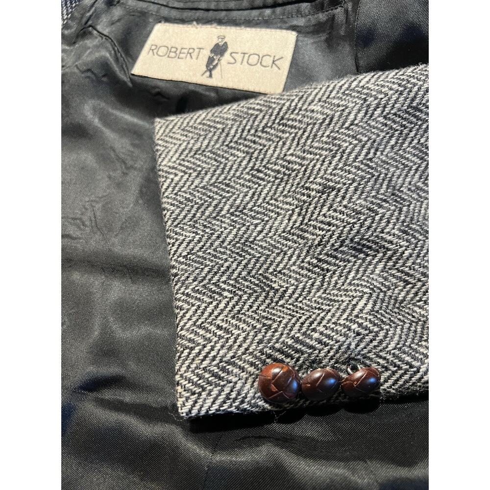 Vintage Tweed Herringbone Robert Stack 42L Gray Wool Sport Coat - Picture 13 of 16